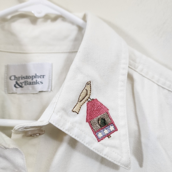 Vintage Christopher & Banks embroidered cat & birds button front shirt jacket XL - Picture 2 of 9